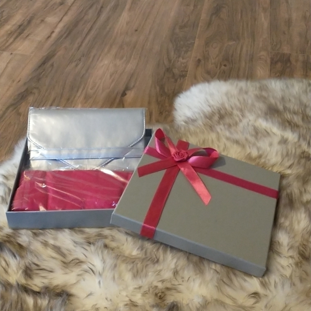 Brand new in packaging hot pink scarf and silver clutch gift set